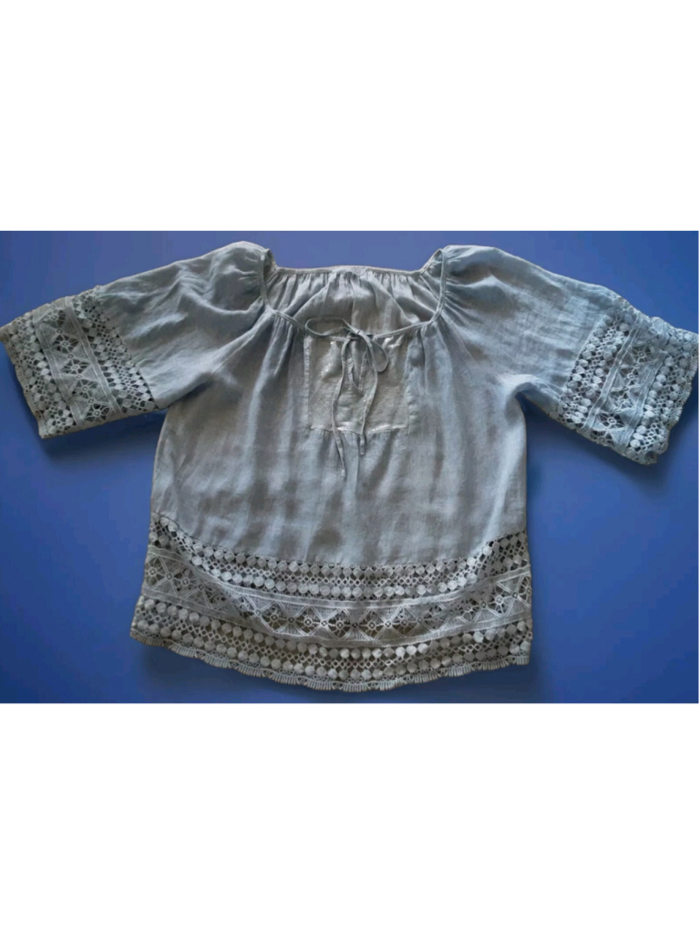 LINEN & LACE Top Made ITALY Lagen Cottage Romance Coastal Cloud Blue 1 Size